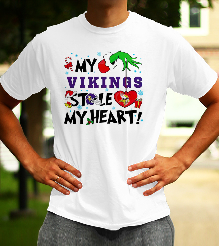 Grinch Hand Holding Heart My Vikings Stole My Heart Christmas T-Shirt