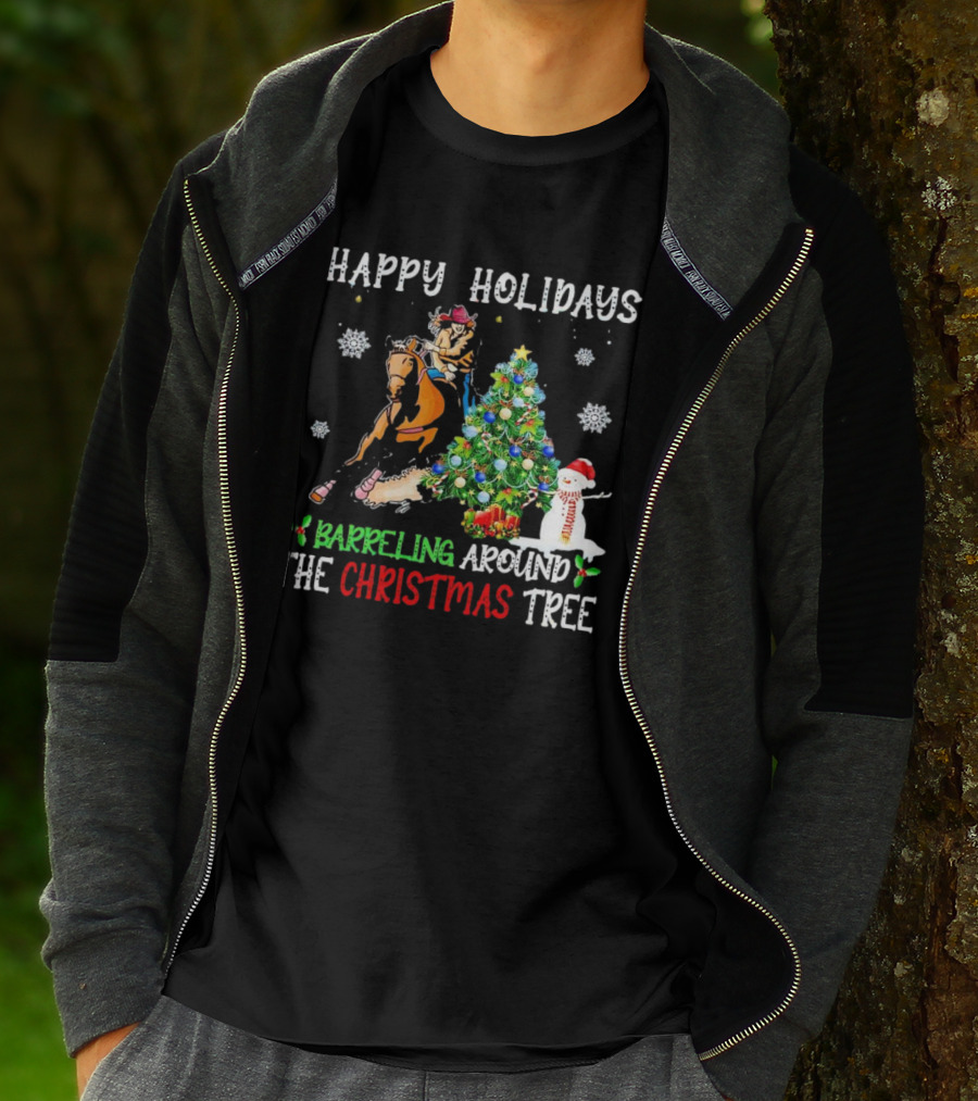 Happy Holidays Barreling Around The Christmas Tree With Cowboy And Snowman T-Shirt