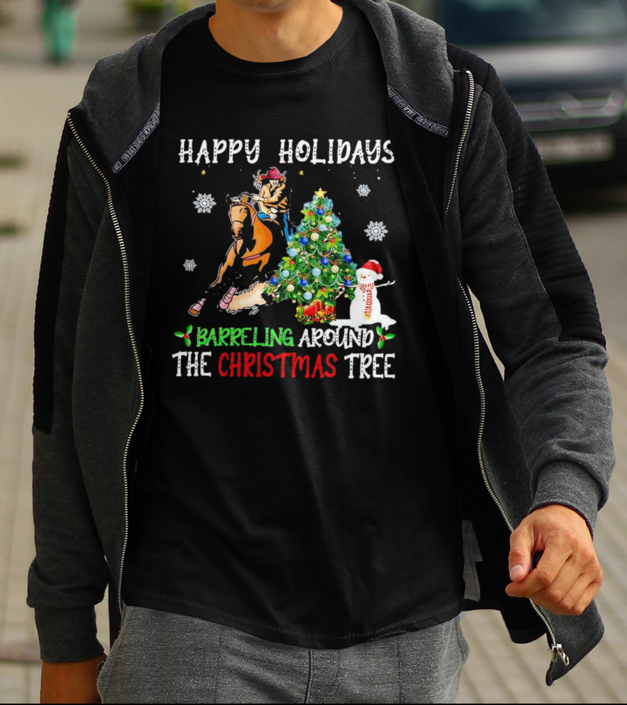Happy Holidays Barreling Around The Christmas Tree With Cowboy And Snowman T-Shirt