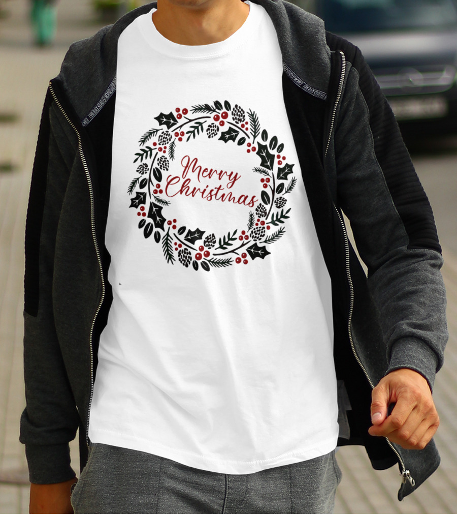 Merry Christmas Wreath With Pinecones And Holly T-Shirt