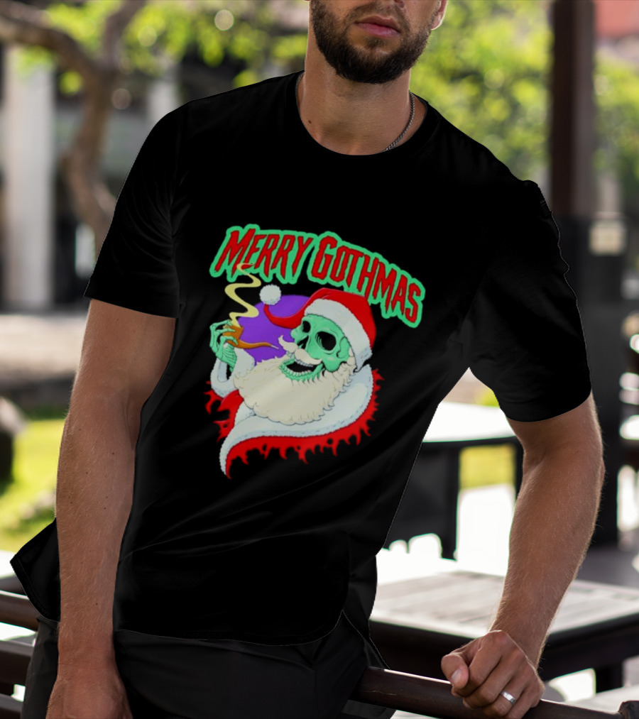 Merry Gothmas Skull Santa Smoking Holiday Greeting T-Shirt