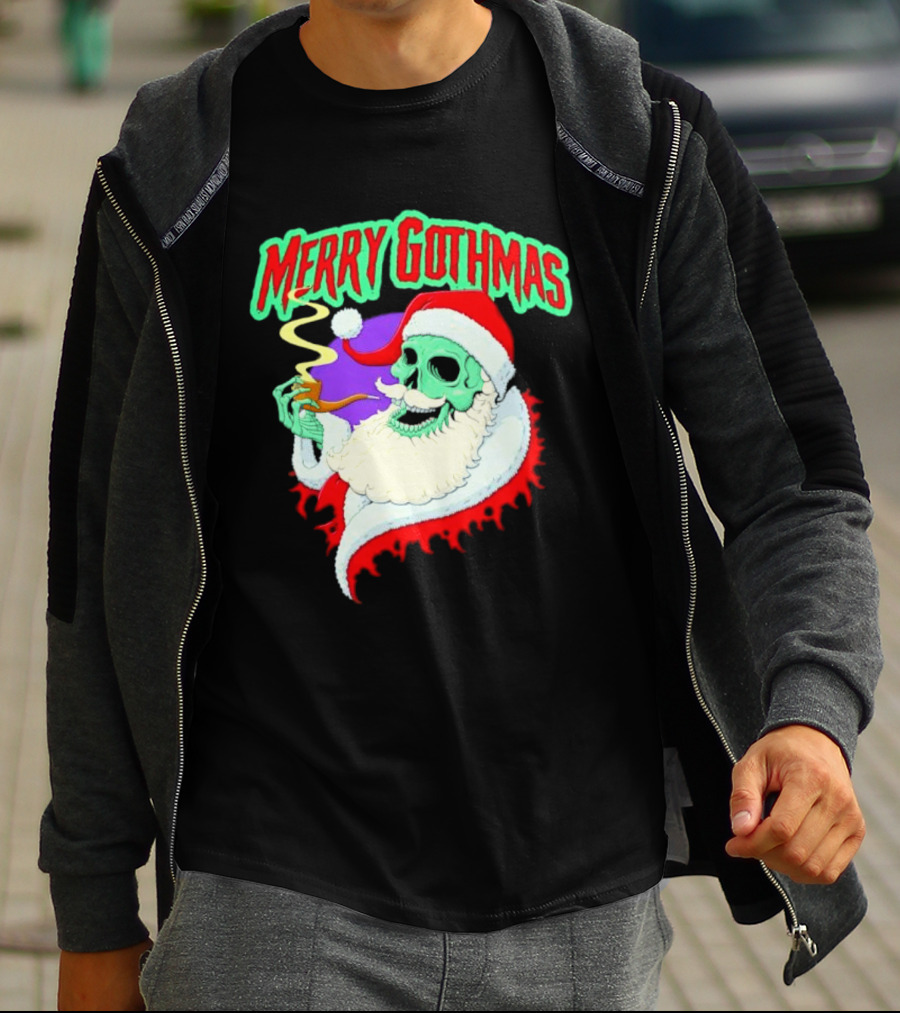 Merry Gothmas Skull Santa Smoking Holiday Greeting T-Shirt