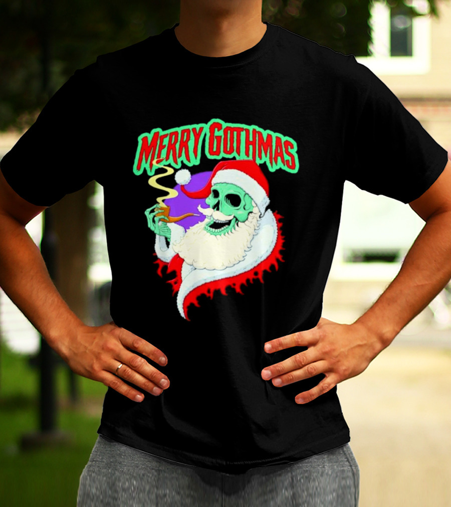 Merry Gothmas Skull Santa Smoking Holiday Greeting T-Shirt