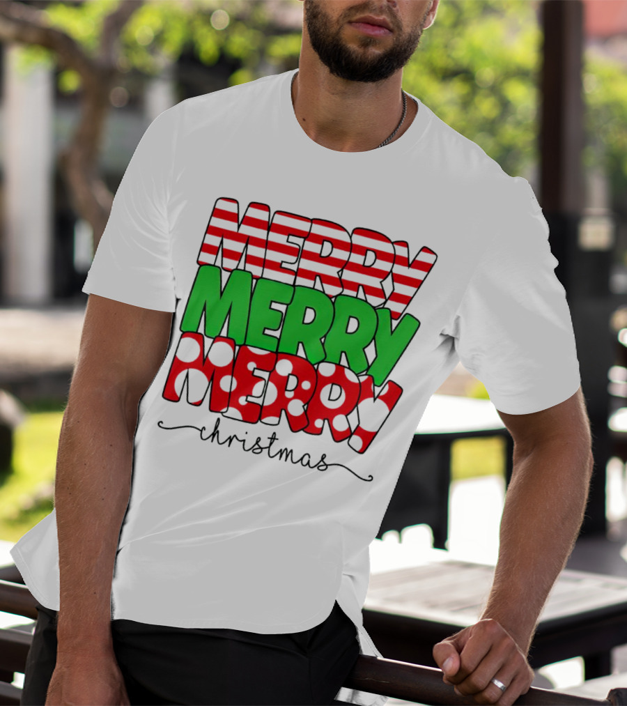 Merry Merry Merry Christmas Stripes And Polka Dots T-Shirt