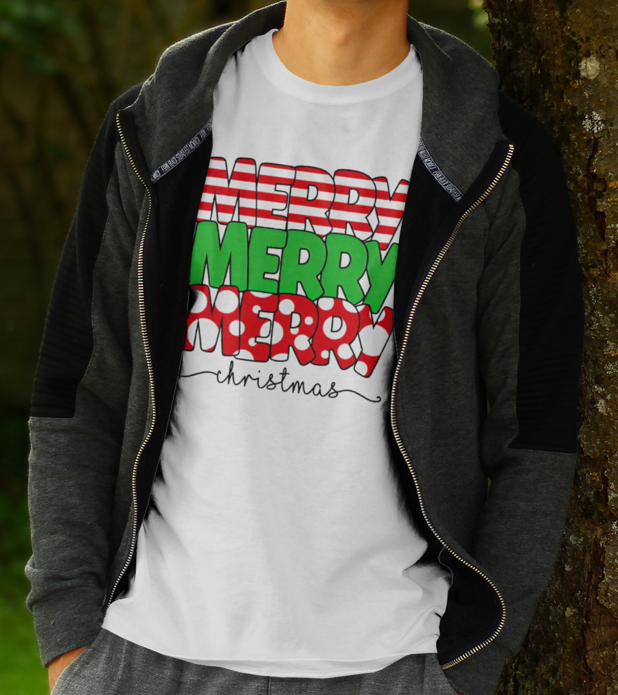 Merry Merry Merry Christmas Stripes And Polka Dots T-Shirt
