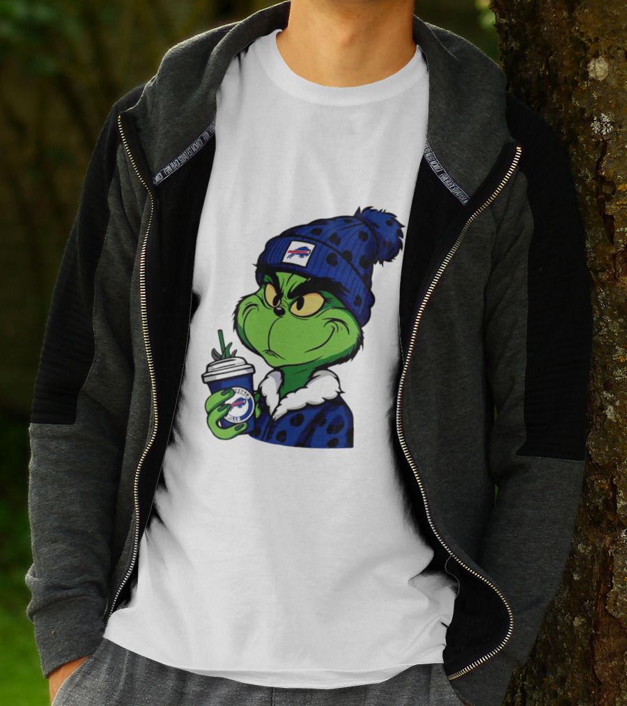 Grinch In Buffalo Bills Beanie Holding Logo Cup T-Shirt