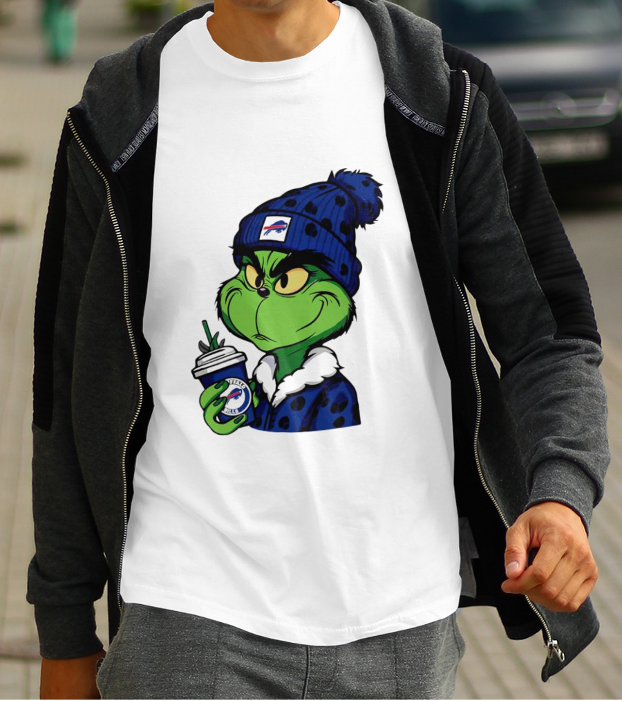 Grinch In Buffalo Bills Beanie Holding Logo Cup T-Shirt