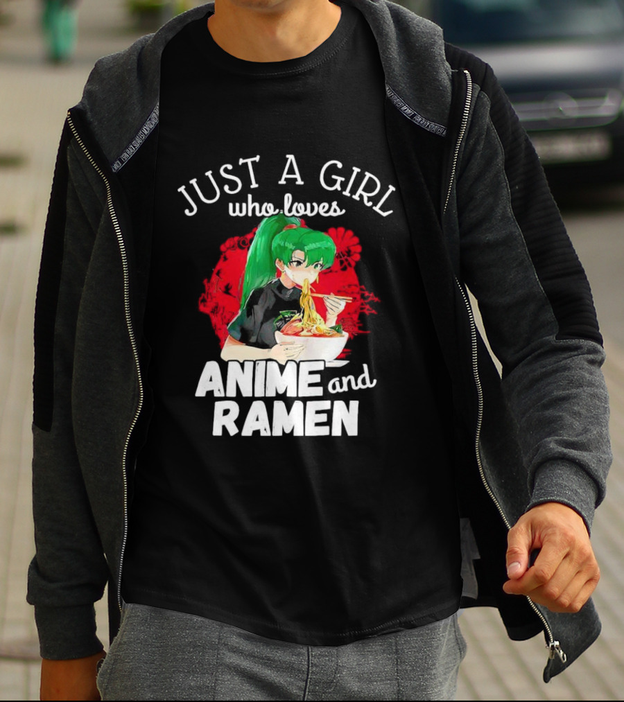 Just A Girl Who Loves Anime And Ramen Green-Haired Character Eating Noodles T-Shirt