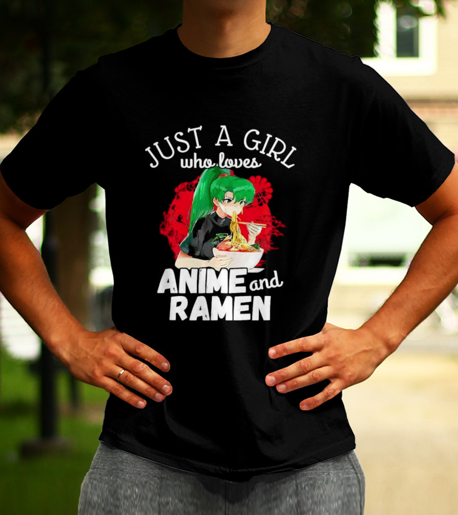 Just A Girl Who Loves Anime And Ramen Green-Haired Character Eating Noodles T-Shirt