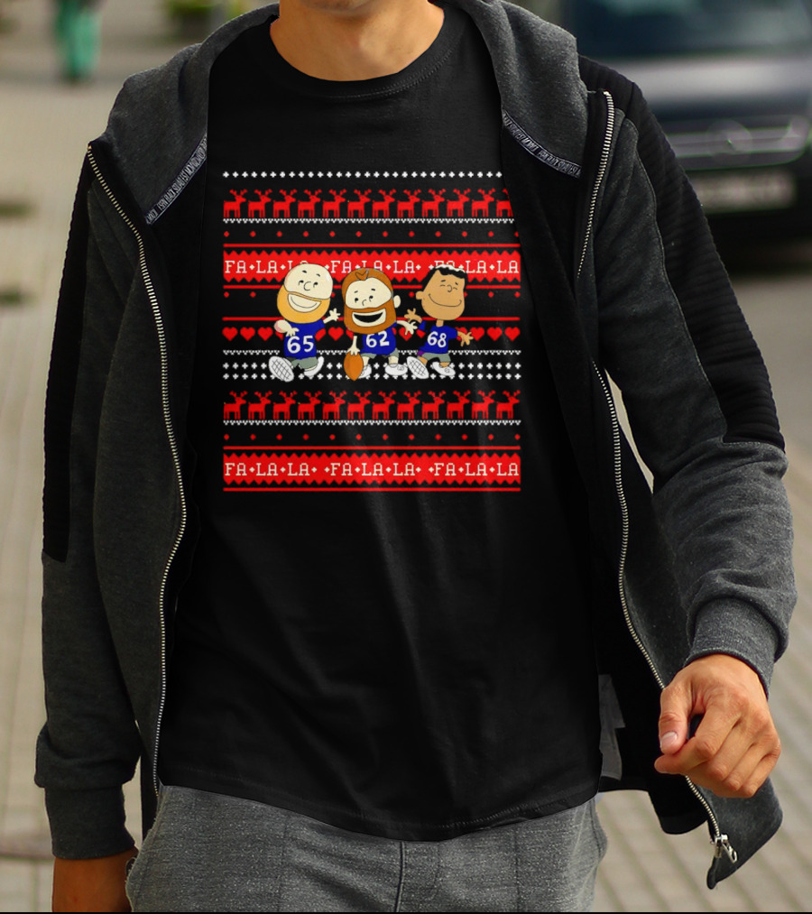 Philadelphia Eagles Lane Johnson Jason Kelce Jordan Mailata Fa La La Christmas Cartoon T-Shirt
