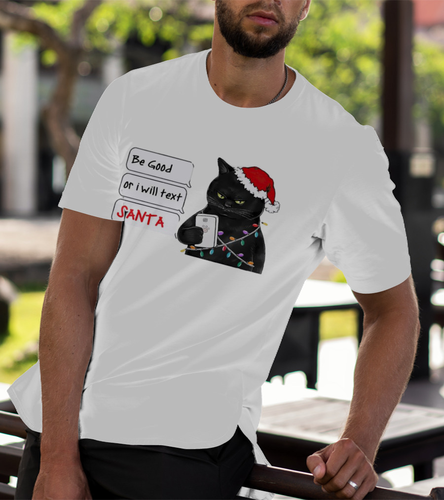 Black Cat Be Good Or I Will Text Santa Christmas Lights Hat T-Shirt