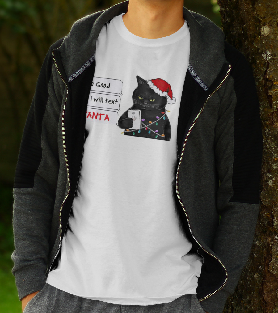 Black Cat Be Good Or I Will Text Santa Christmas Lights Hat T-Shirt