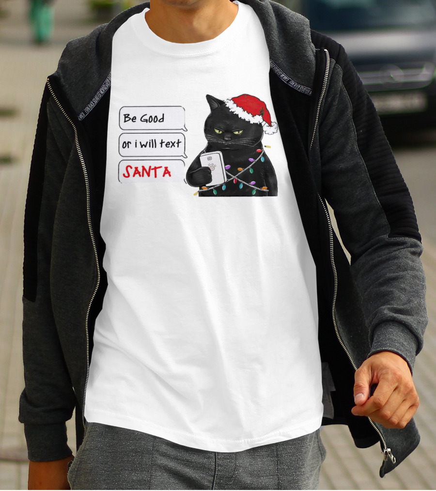 Black Cat Be Good Or I Will Text Santa Christmas Lights Hat T-Shirt