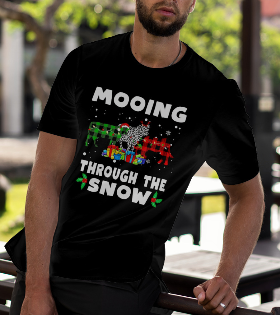 Mooing Through The Snow Christmas Plaid Cows With Presents T-Shirt