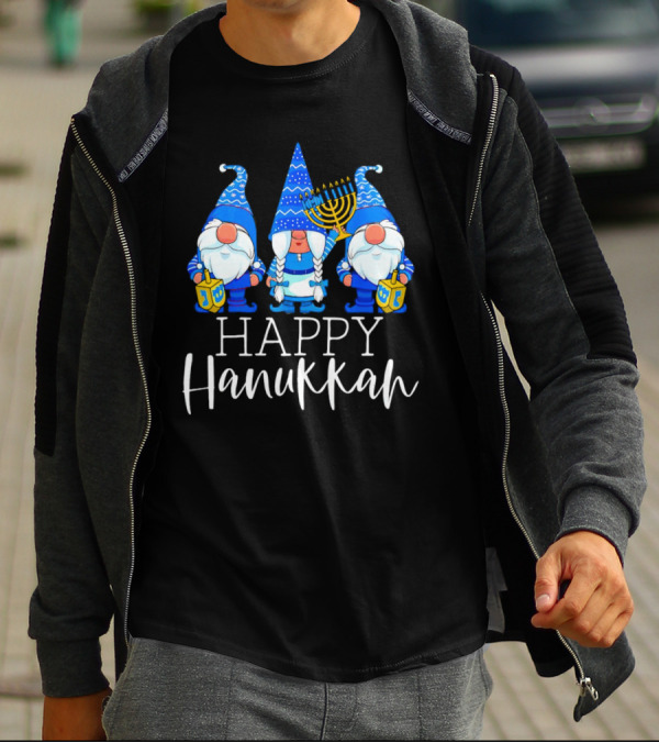 Gnomes Celebrating Hanukkah With Menorah And Dreidel T-Shirt