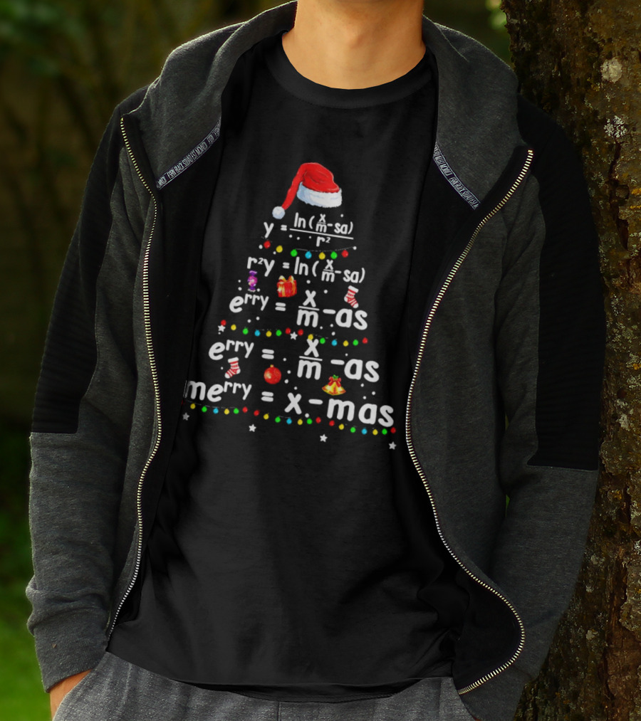 Merry Christmas Tree Math Equations In Santa Hat Form With Holiday Icons T-Shirt