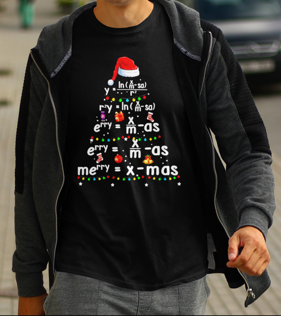 Merry Christmas Tree Math Equations In Santa Hat Form With Holiday Icons T-Shirt