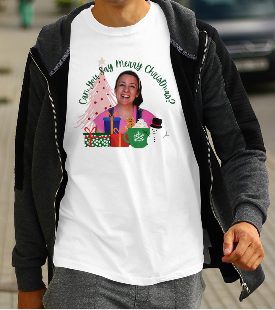 Miss Rachel Can You Say Merry Christmas Joyful Scene With Tree And Gifts T-Shirt
