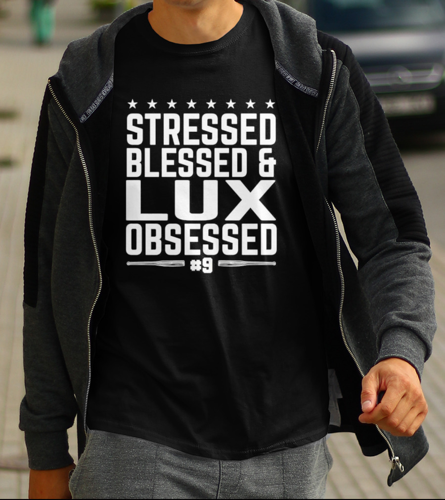 Stressed Blessed And Lux Obsessed Number 9 Star Accents T-Shirt