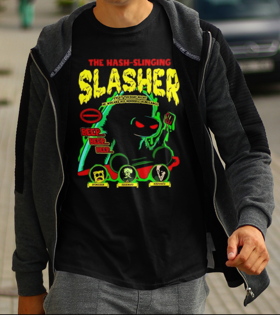 The Hash-Slinging Slasher Every Tuesday Night Beep Beep Featuring Spongebob Squidward Nosferatu T-Shirt