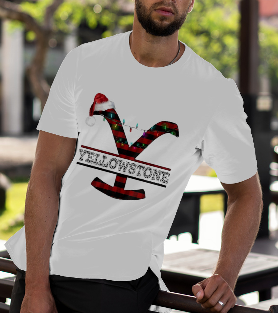 Yellowstone Christmas Santa Hat Lights Buffalo Plaid T-Shirt