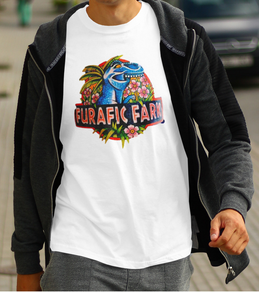 Furafic Fark Dinosaur With Tropical Flowers And Palm Leaves T-Shirt