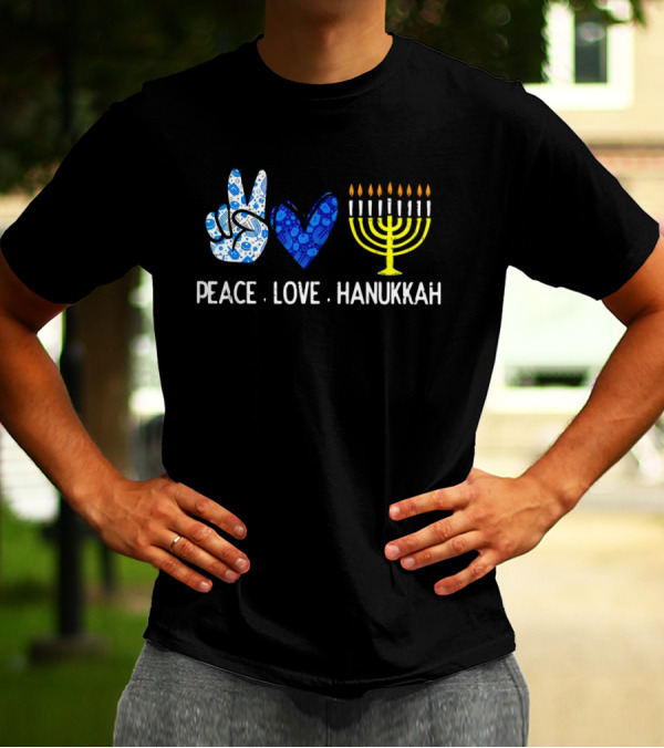 Peace Love Hanukkah Menorah Symbol Blue T-Shirt