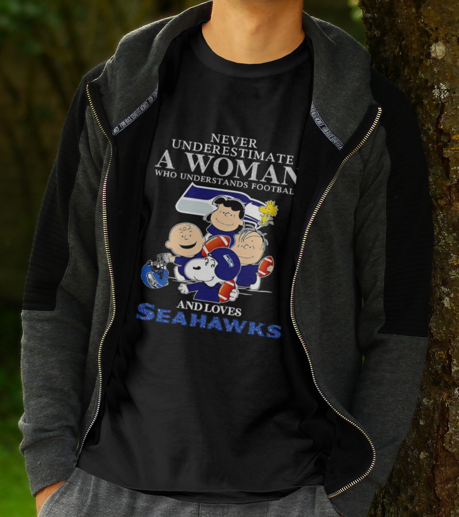 Never Underestimate A Woman Who Understands Football And Loves Seahawks With Peanuts Characters T-Shirt