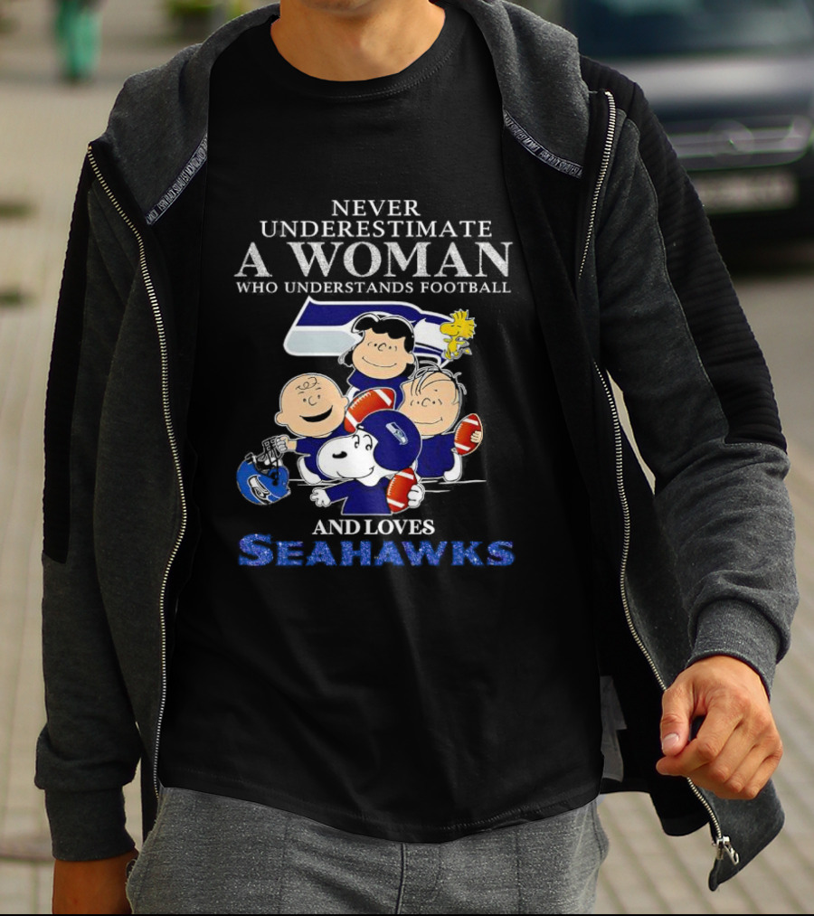 Never Underestimate A Woman Who Understands Football And Loves Seahawks With Peanuts Characters T-Shirt