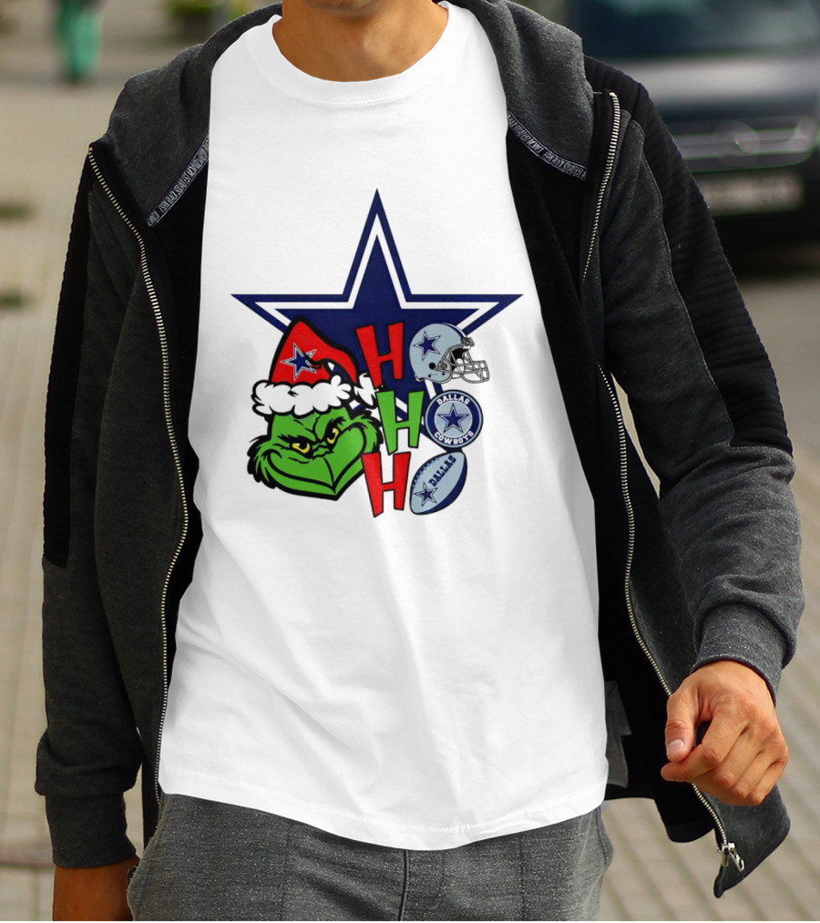 Santa Grinch Ho Ho Ho Dallas Cowboys Christmas Star Helmet T-Shirt
