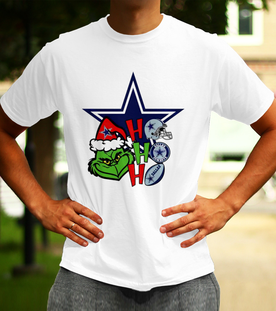 Santa Grinch Ho Ho Ho Dallas Cowboys Christmas Star Helmet T-Shirt