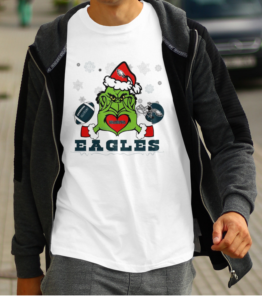 Grinch Santa Heart Philadelphia Eagles Christmas Football Helmet T-Shirt