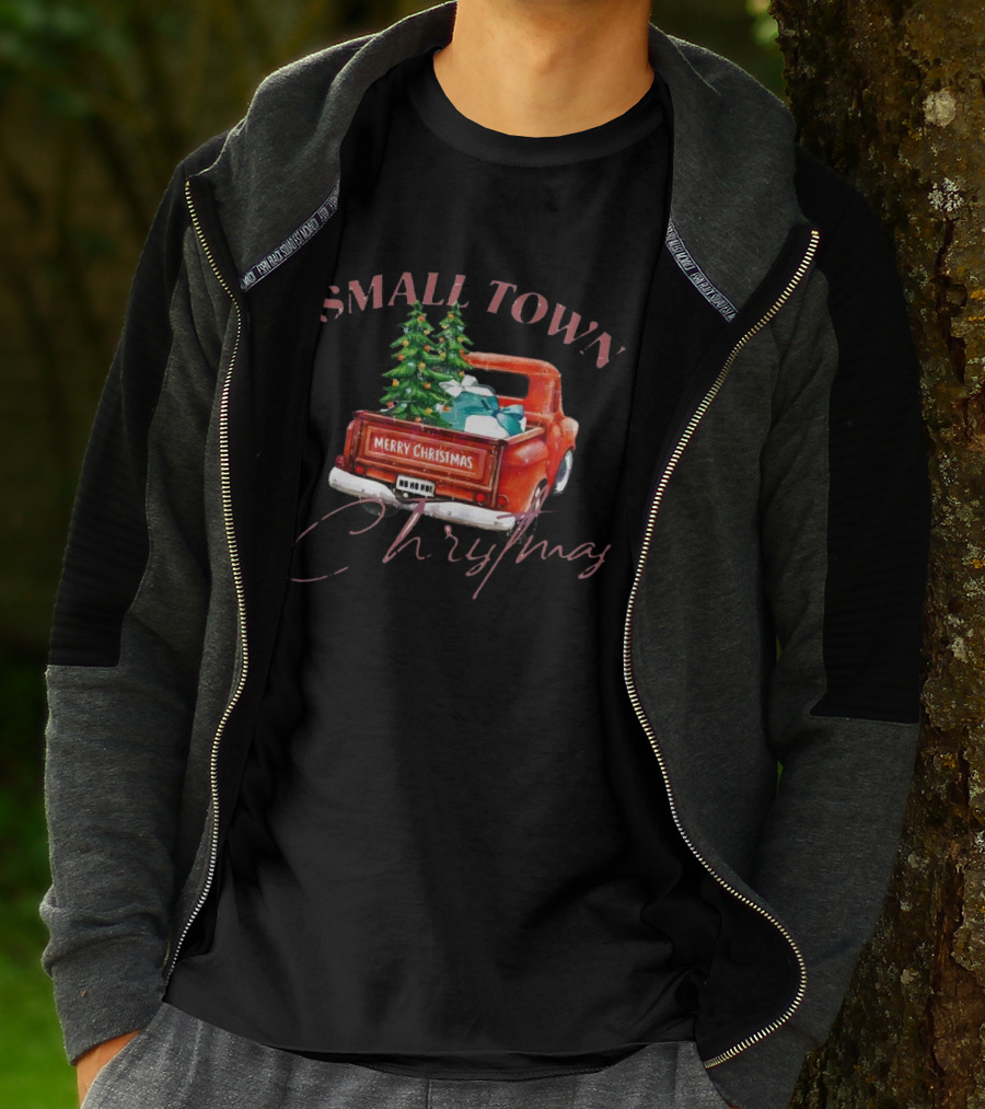 Small Town Merry Christmas Ho Ho Ho Vintage Truck With Trees And Gifts T-Shirt