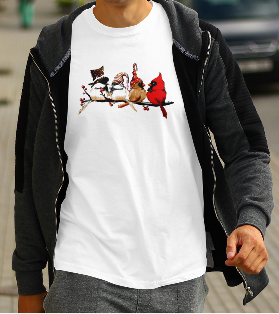 Cardinals And Chickadees On Festive Branch Merry Christmas T-Shirt