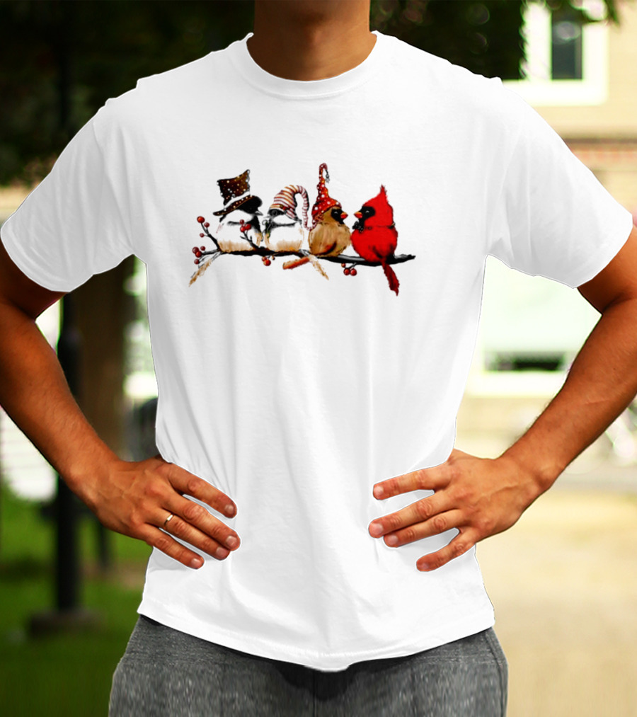 Cardinals And Chickadees On Festive Branch Merry Christmas T-Shirt