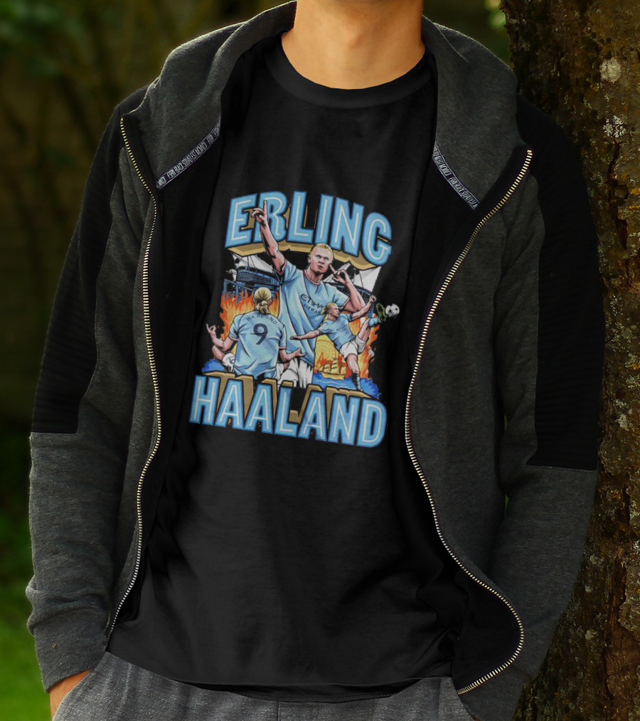 Erling Haaland MCFC Soccer Collage With Fiery Stadium Background T-Shirt