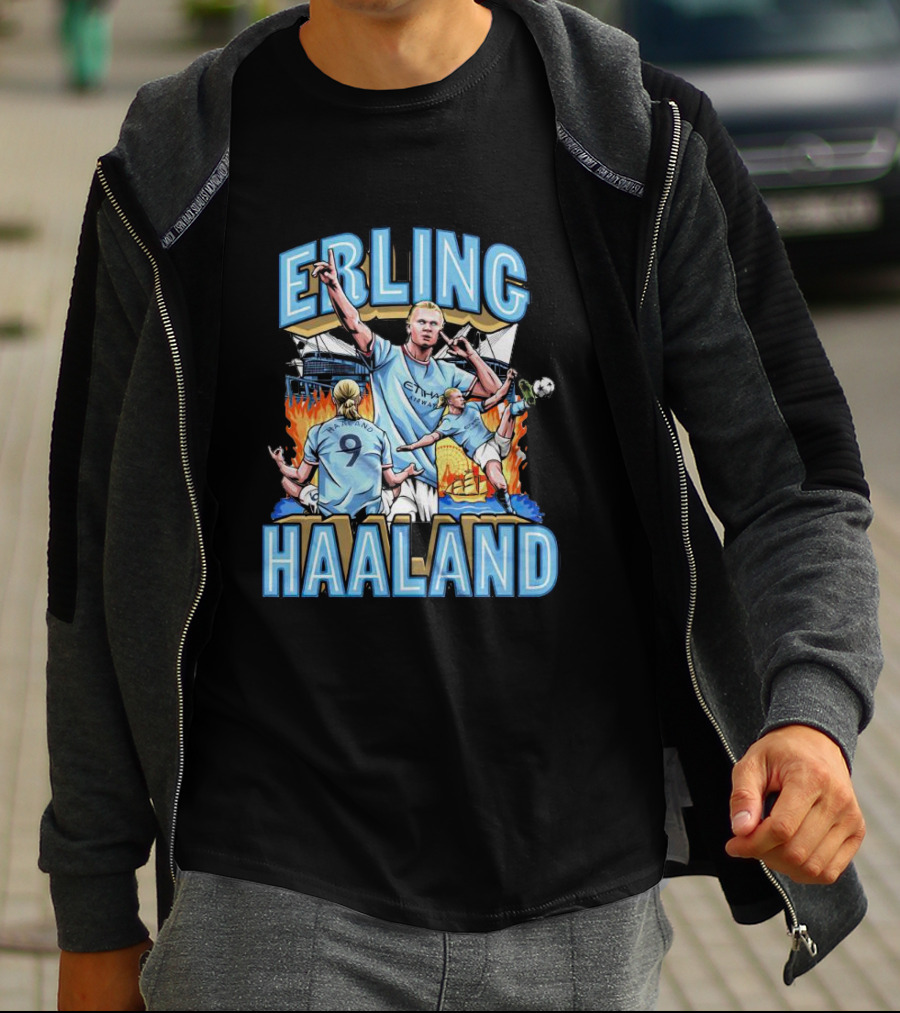 Erling Haaland MCFC Soccer Collage With Fiery Stadium Background T-Shirt