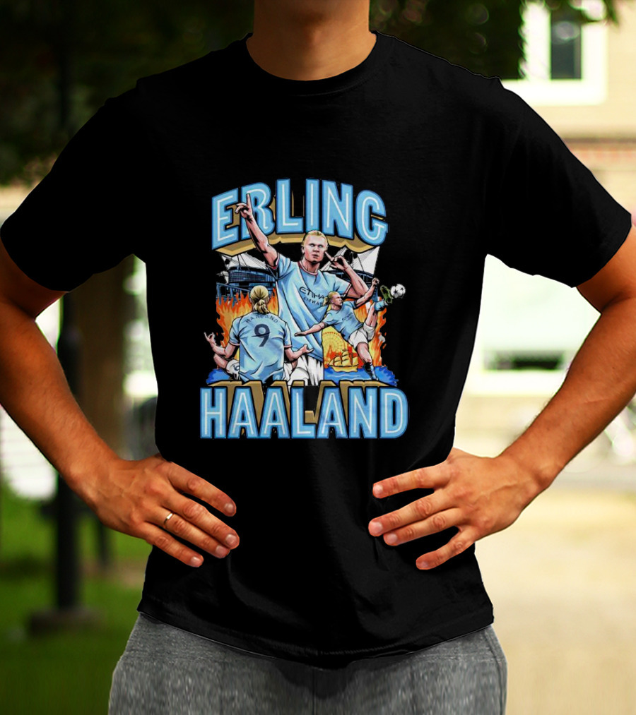 Erling Haaland MCFC Soccer Collage With Fiery Stadium Background T-Shirt