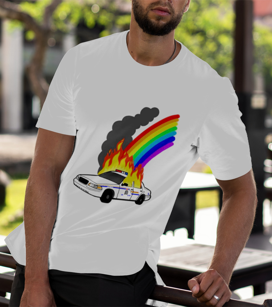 Police Car On Fire With Rainbow Flames T-Shirt