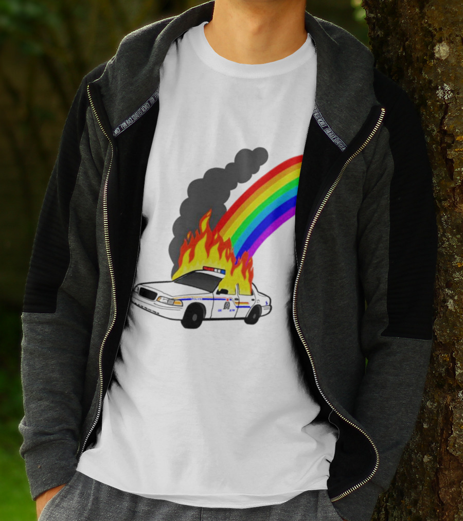 Police Car On Fire With Rainbow Flames T-Shirt