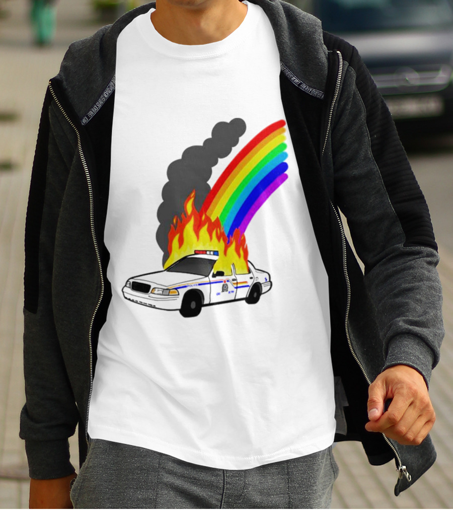 Police Car On Fire With Rainbow Flames T-Shirt