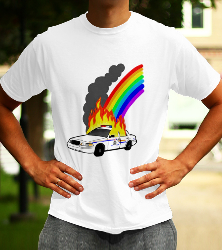 Police Car On Fire With Rainbow Flames T-Shirt