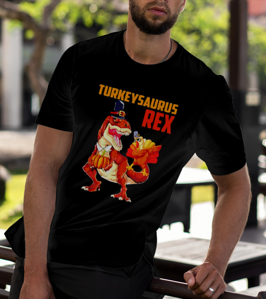 Turkeysaurus Rex Thanksgiving Dinosaur Holding Pumpkin And Turkey With Pilgrim Hat T-Shirt
