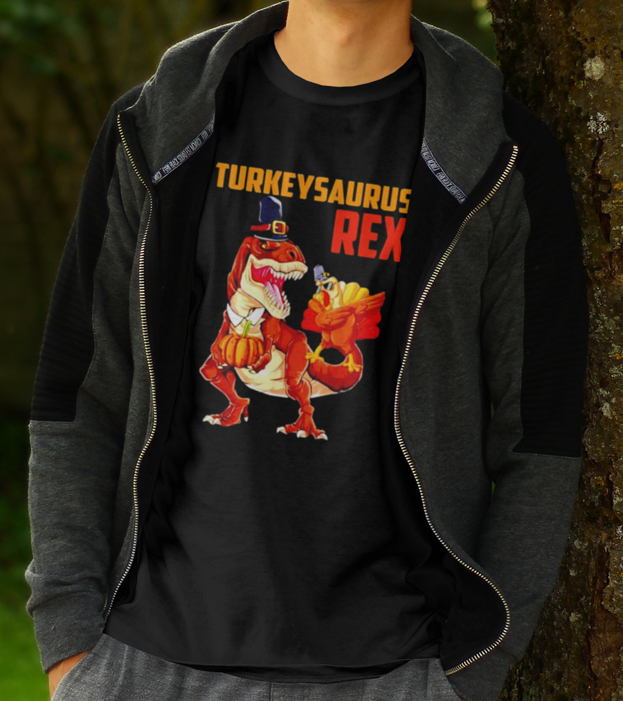 Turkeysaurus Rex Thanksgiving Dinosaur Holding Pumpkin And Turkey With Pilgrim Hat T-Shirt