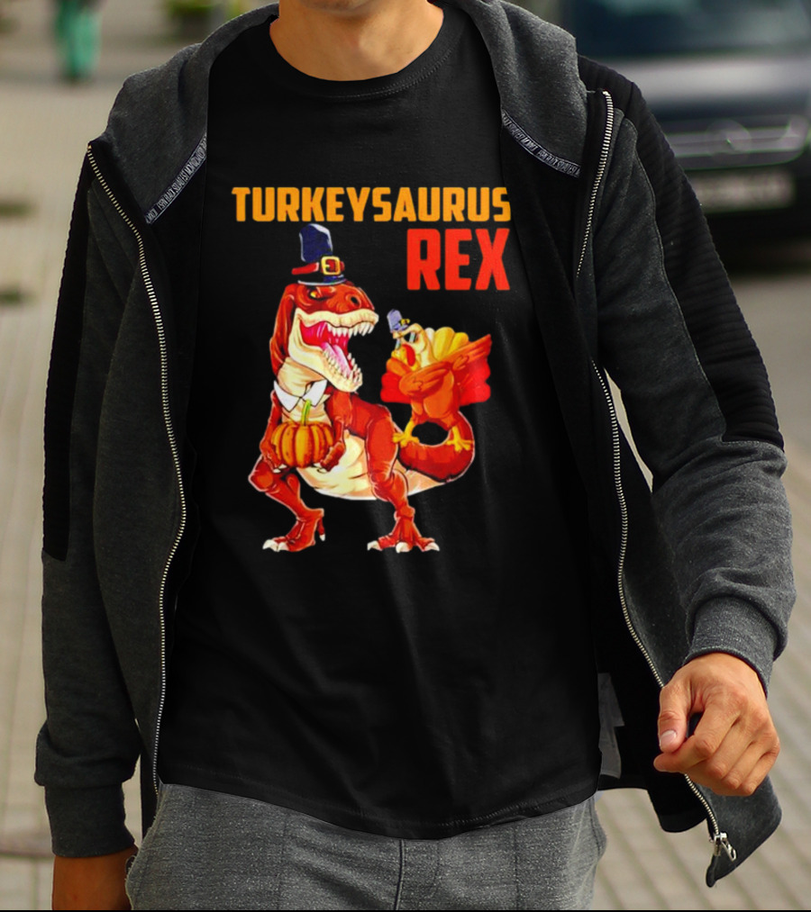 Turkeysaurus Rex Thanksgiving Dinosaur Holding Pumpkin And Turkey With Pilgrim Hat T-Shirt
