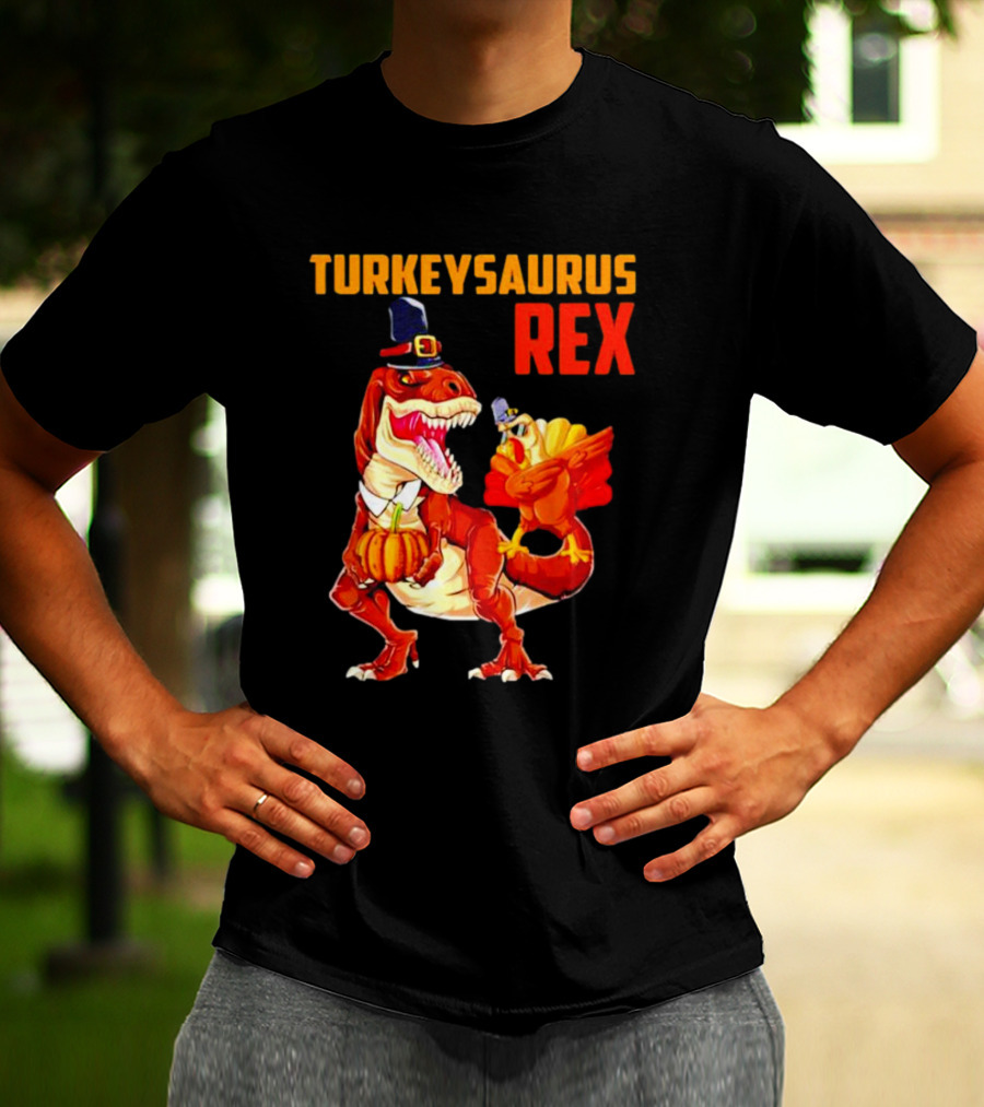 Turkeysaurus Rex Thanksgiving Dinosaur Holding Pumpkin And Turkey With Pilgrim Hat T-Shirt