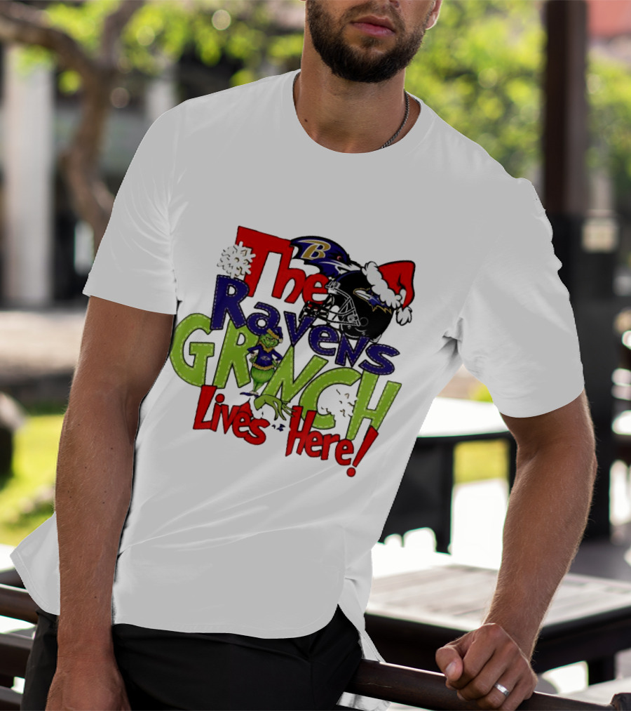 The Ravens Grinch Lives Here Christmas Ravens Logo Santa Hat T-Shirt