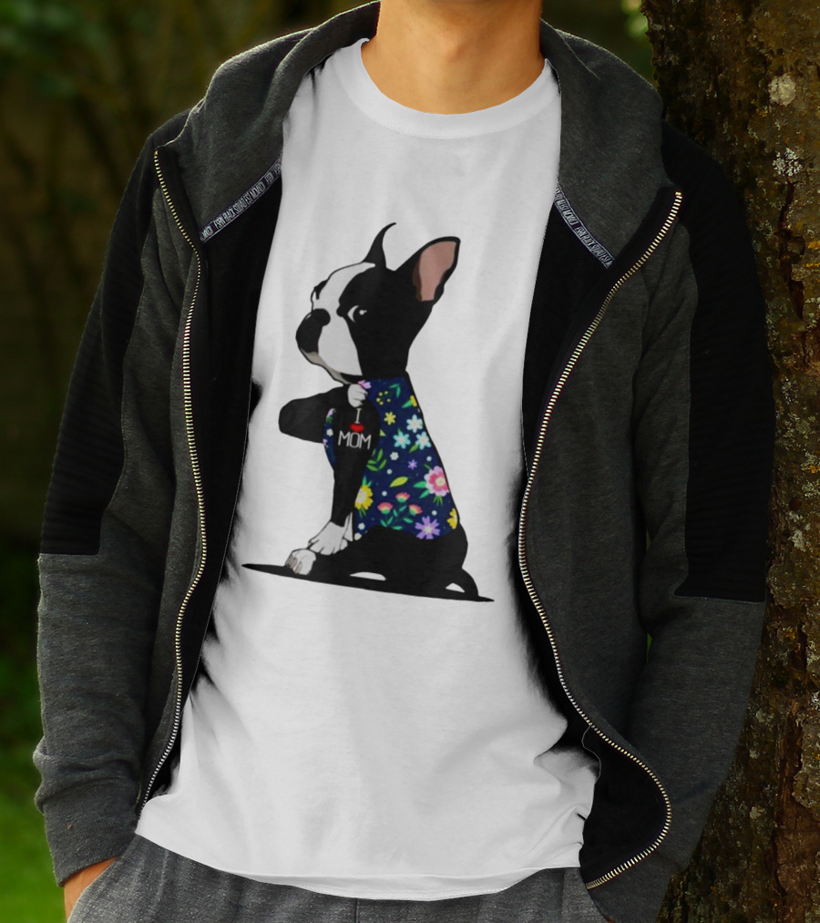 Boston Terrier I Love Mom Flower Tattoos T-Shirt