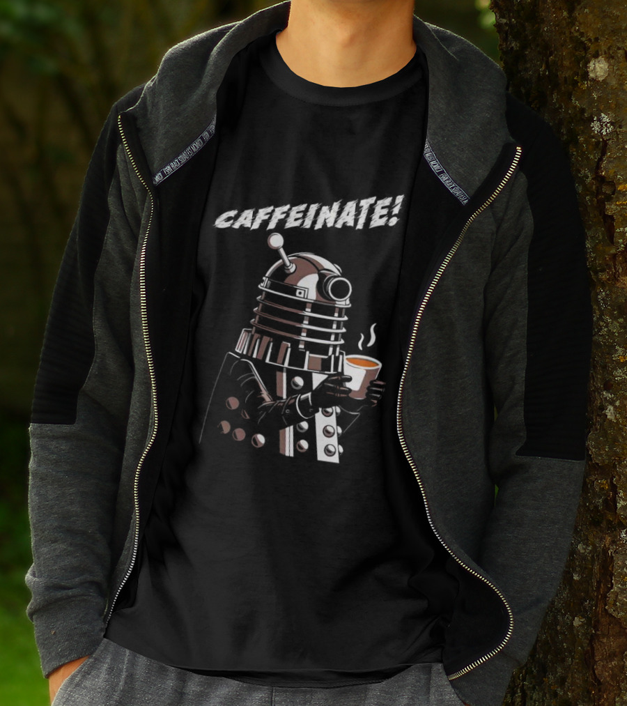 Caffeinate Dalek Holding Steaming Coffee Cup T-Shirt