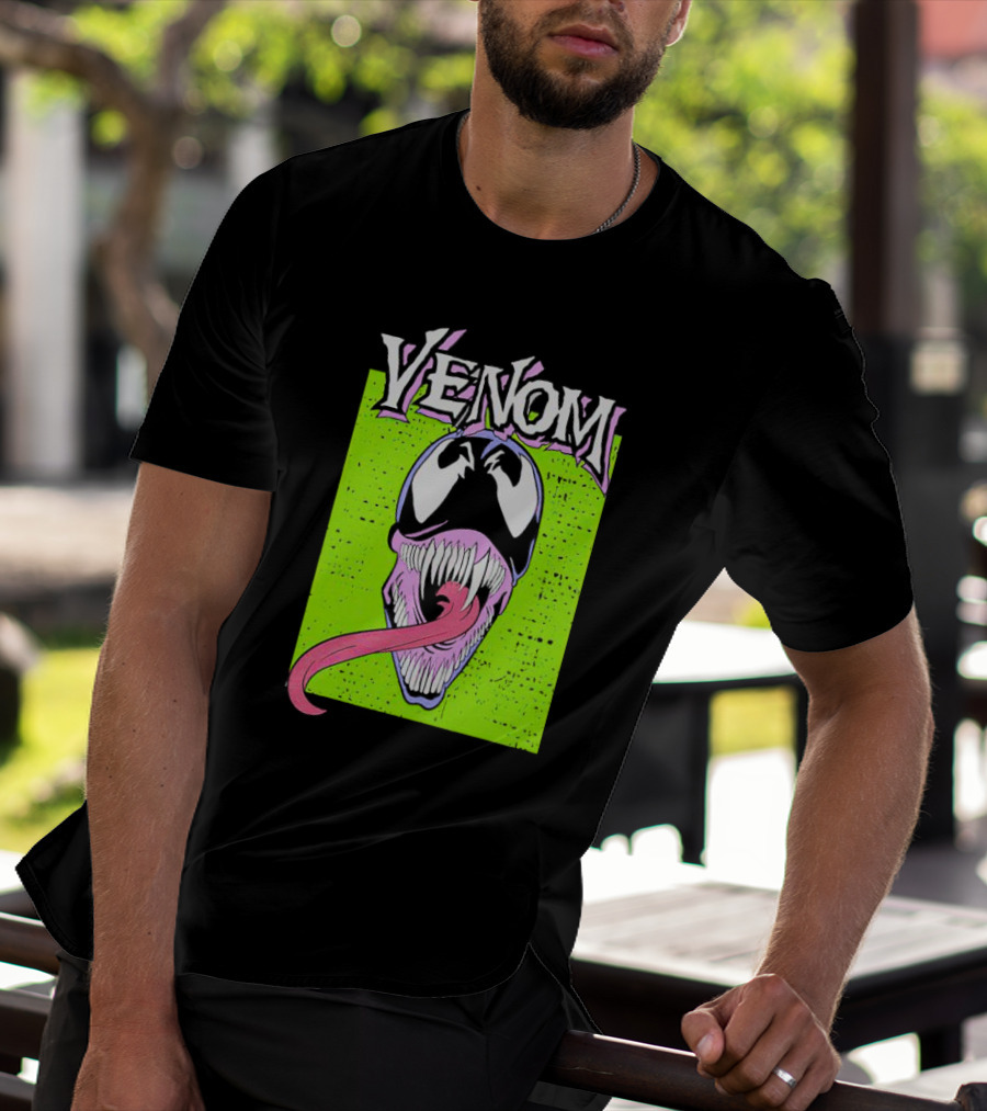 Venom Marvel Neon Pink Tongue Green Background T-Shirt